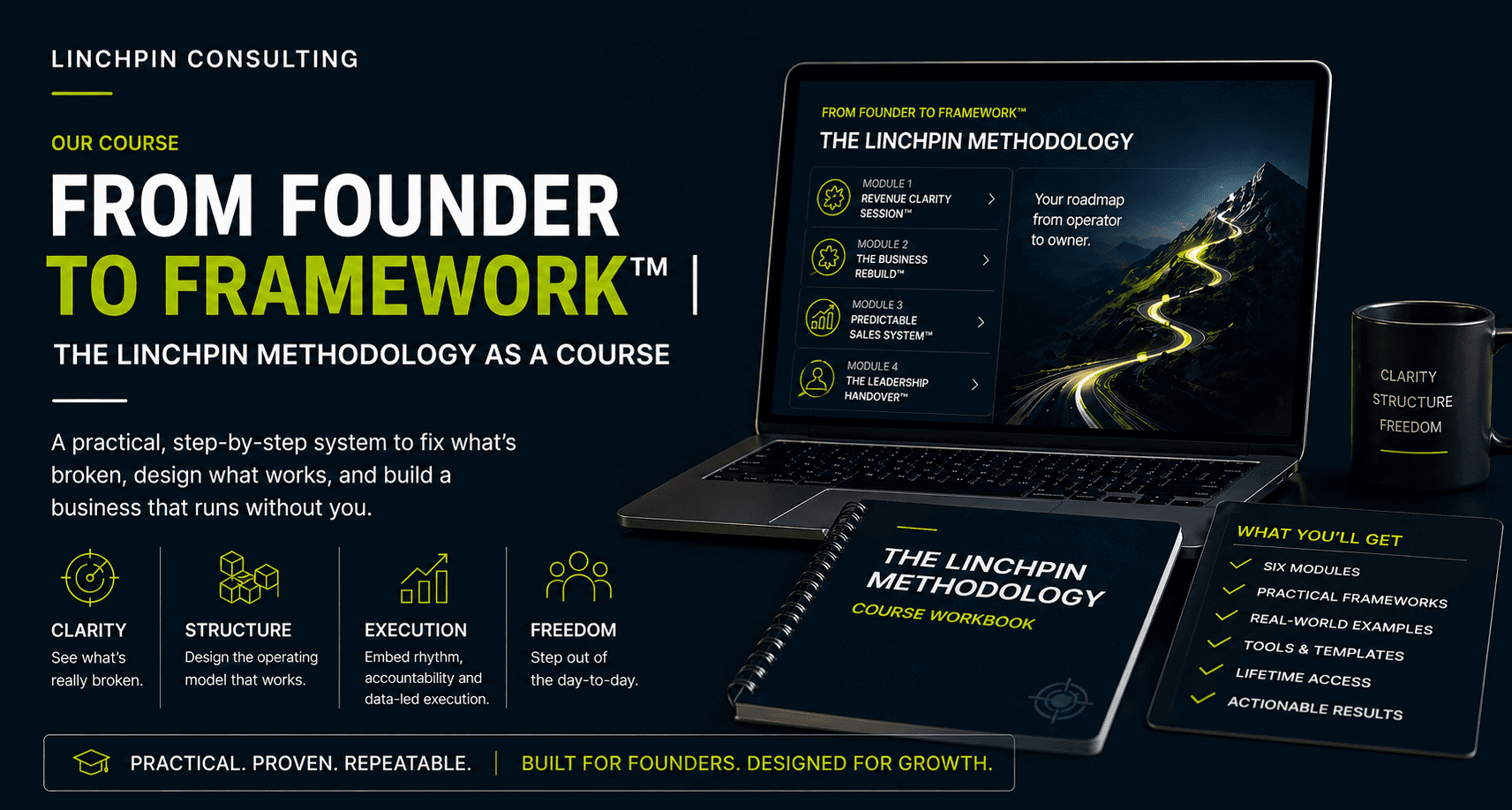 Image showing Linchpin Consulting's "From Founder to Framework" course and methodology overview.